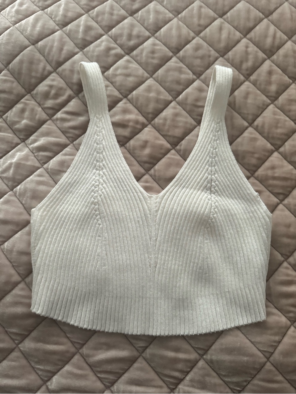 White Ribbed V-Neck Crop Tank Top